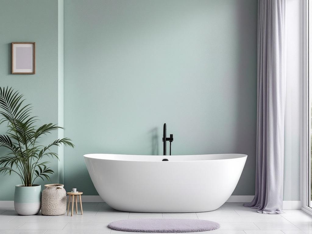 Bathroom with soft green walls, a white bathtub, lavender rug, and a plant.