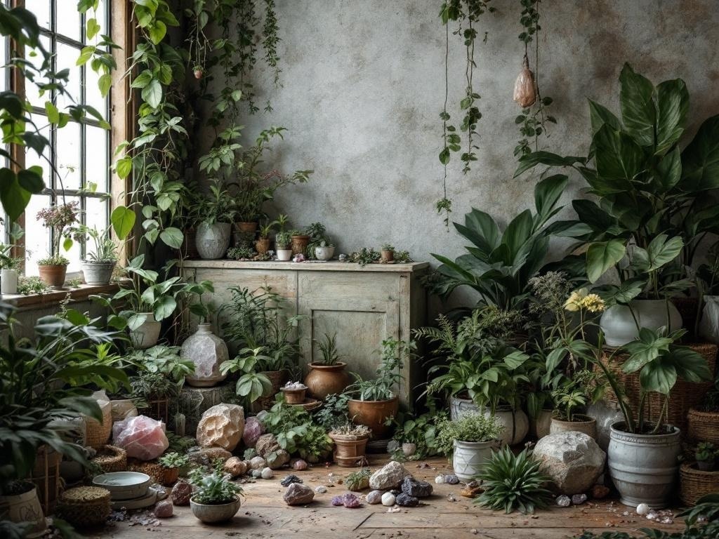 A cozy living room corner filled with various plants and crystals, creating a natural and magical atmosphere.