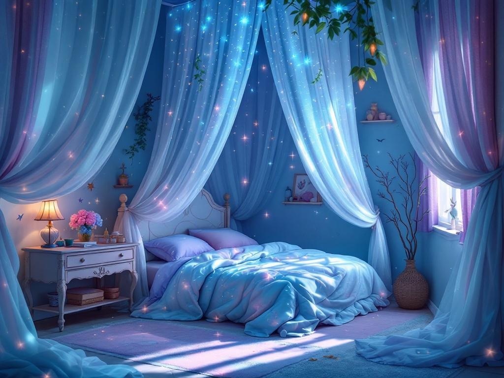 A cozy bedroom with whimsical canopy draping in soft blue and purple hues, featuring twinkling lights and a bedside table with flowers.