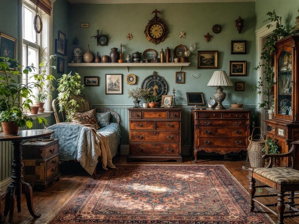 Cozy French country bedroom with antique furniture and collectibles