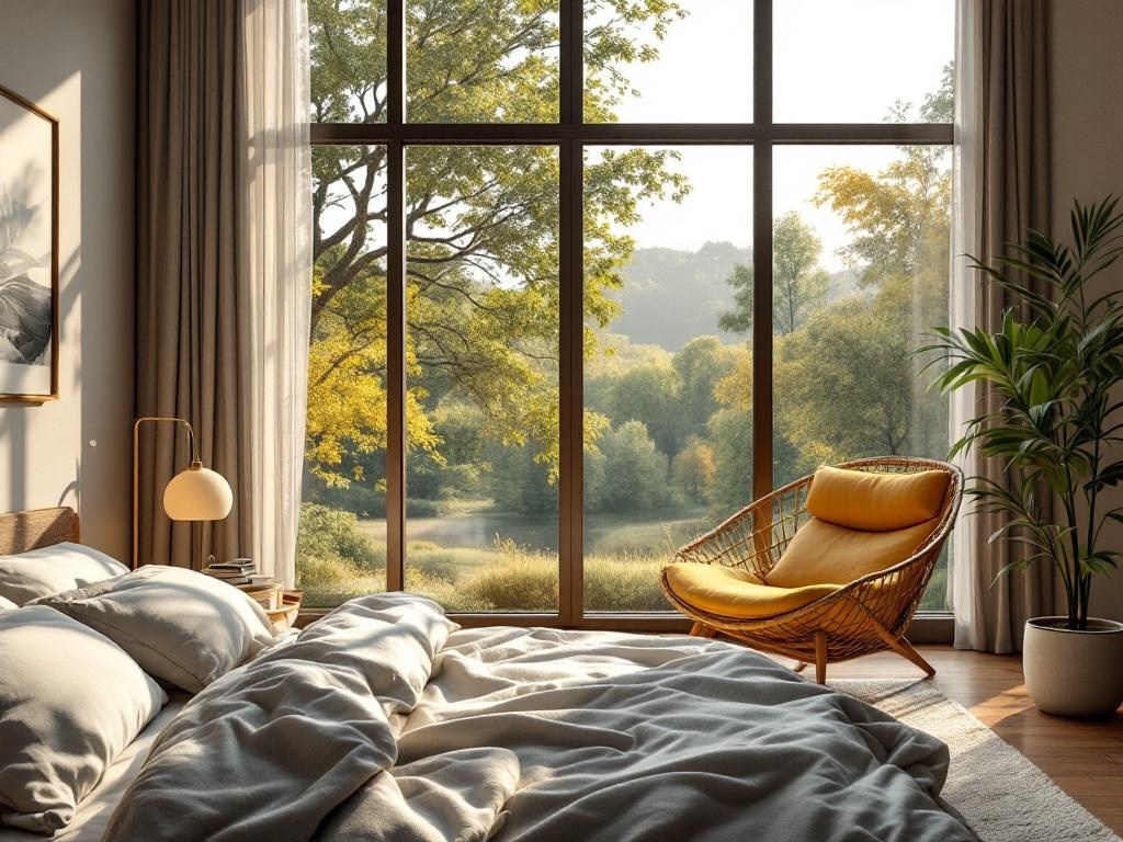 A cozy bedroom with a large window showcasing a calming view of trees and greenery outside.