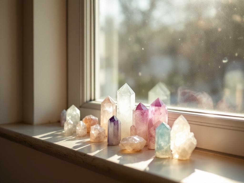 A collection of colorful crystals on a windowsill, catching the sunlight.