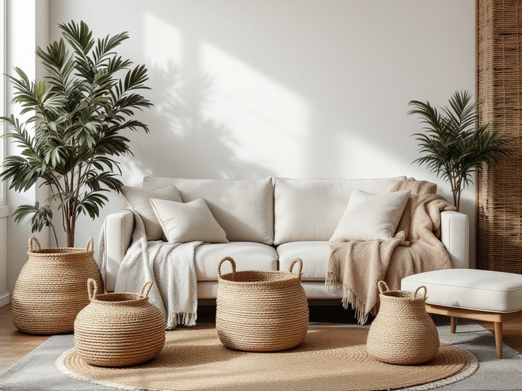 A cozy living room featuring woven baskets, a light-colored couch, and plants, creating a warm atmosphere.