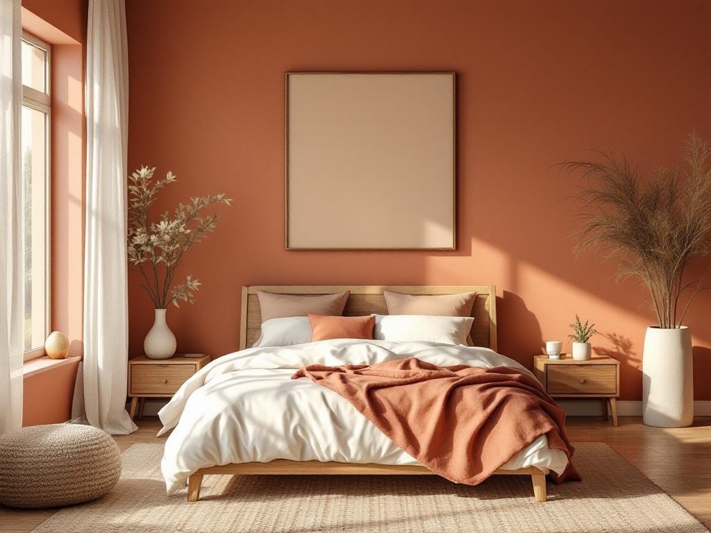 A cozy bedroom featuring a warm earthy color palette with terracotta walls, wooden furniture, and soft bedding.