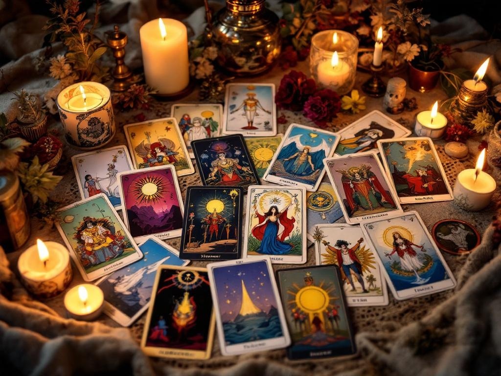 Artistic display of tarot cards surrounded by candles and flowers, creating a cozy witchcore atmosphere.