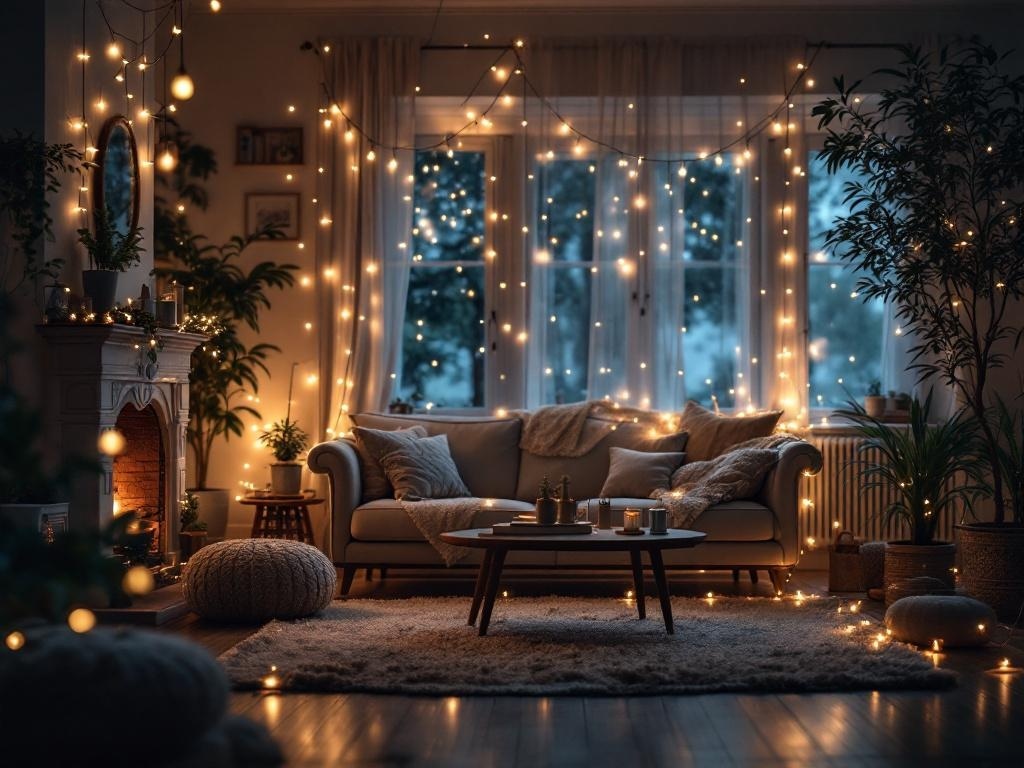 A cozy living room decorated with fairy lights, featuring a sofa, plants, and a fireplace.