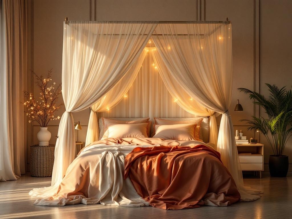 Luxurious canopy bed with soft fabrics and warm lighting