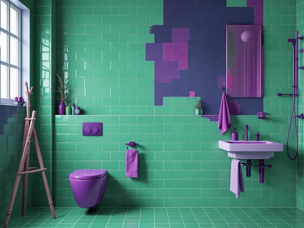 A modern bathroom featuring jade green tiles and royal purple accents, including a toilet and sink.