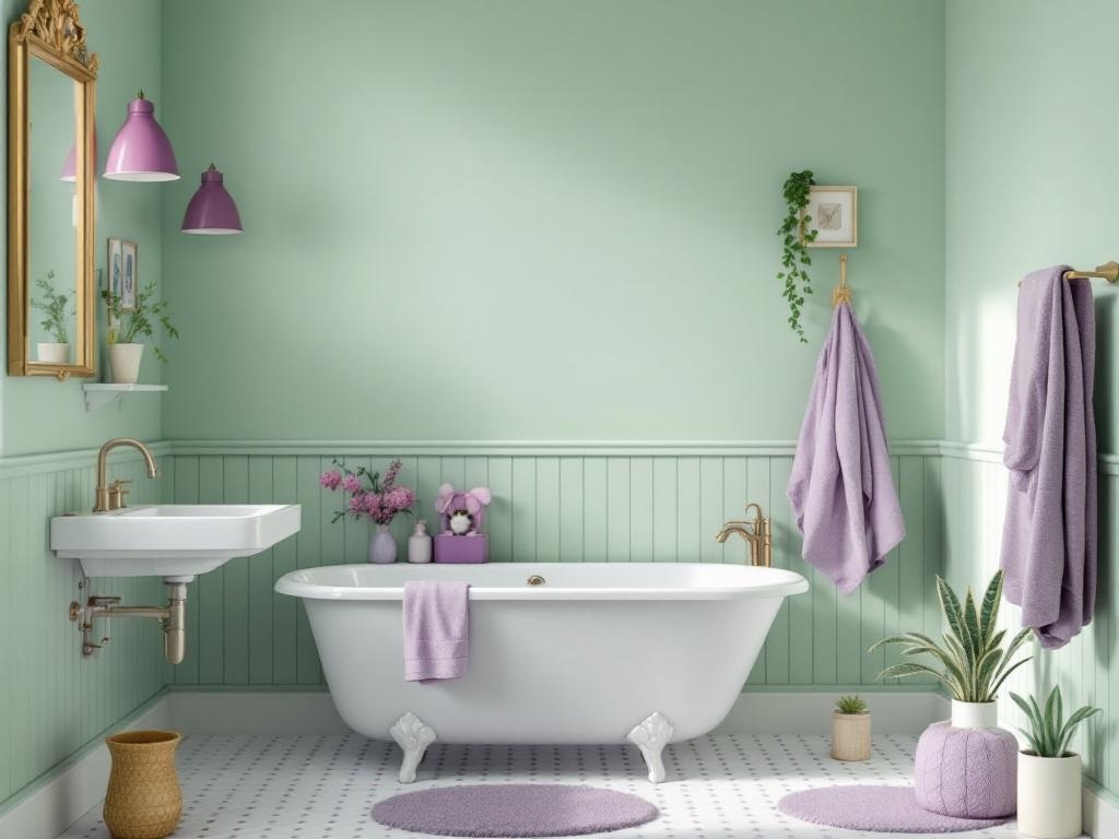 A vintage-style bathroom featuring pale green walls, a clawfoot tub, and purple accents.