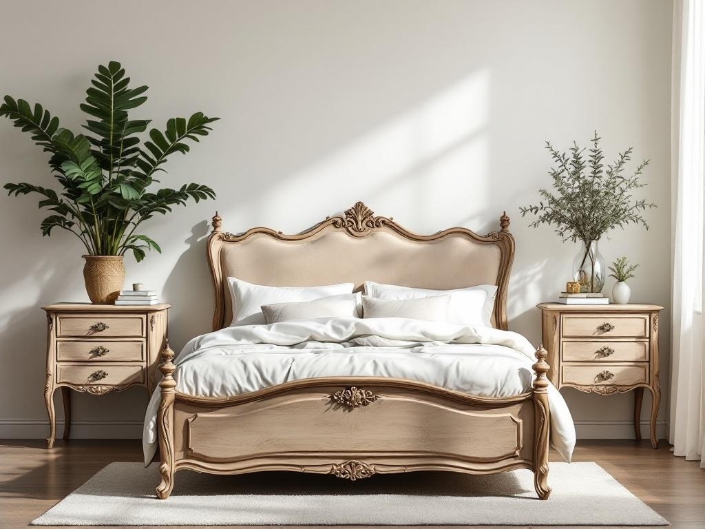 A chic vintage bedroom featuring an ornate bed and matching nightstands with potted plants.
