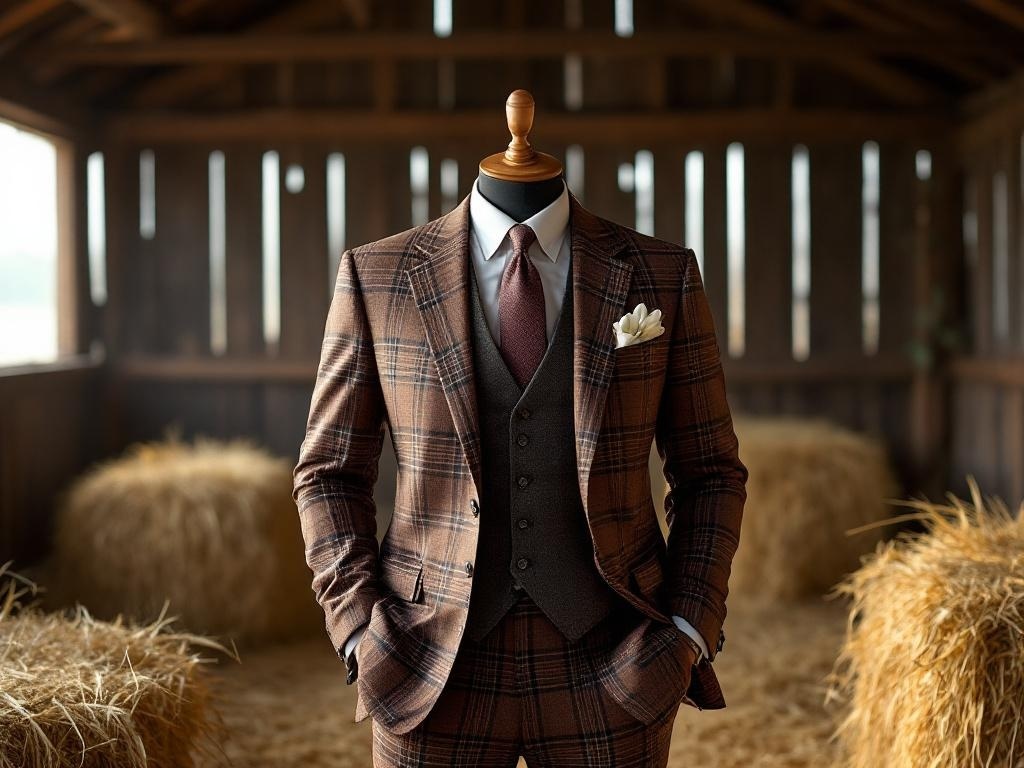 A stylish plaid suit in earthy tones displayed on a mannequin in a rustic setting.