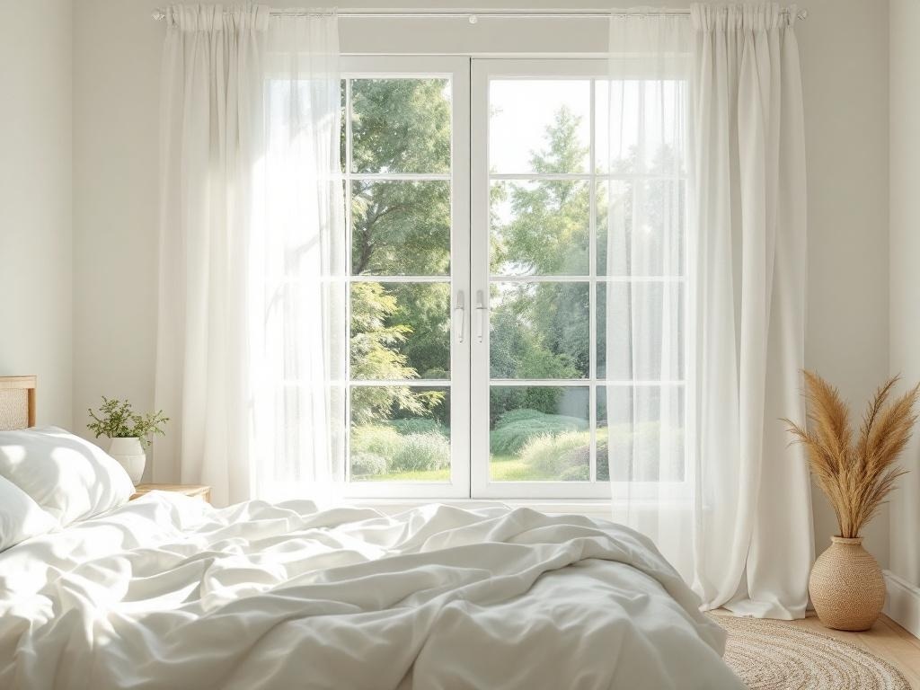 A bright bedroom with white drapes framing a window, showcasing a view of greenery outside.
