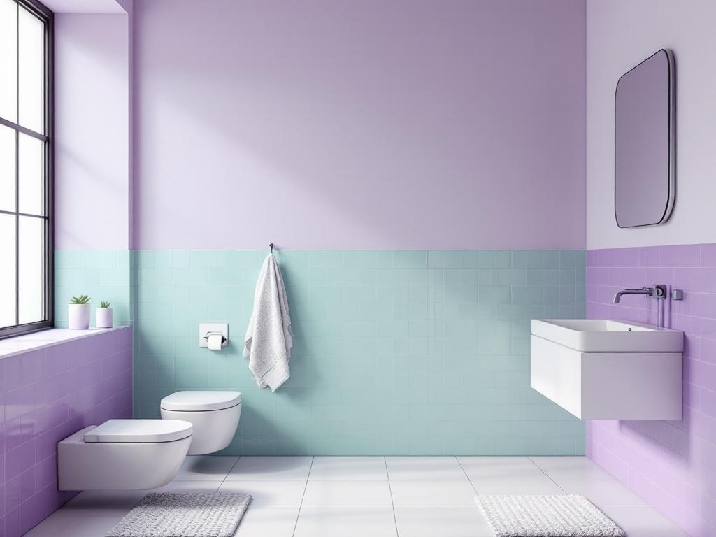 A modern bathroom featuring mint green and violet color block design with natural light.