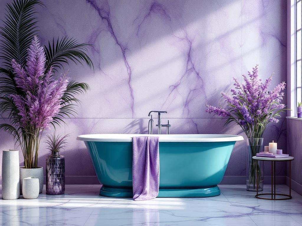 A teal bathtub surrounded by violet decor and plants in a stylish bathroom.