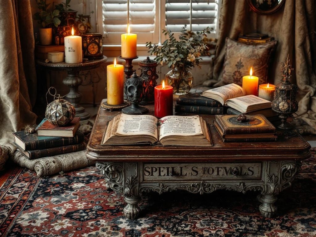 A cozy coffee table featuring open spellbooks, candles, and decorative items, creating a magical living room vibe.