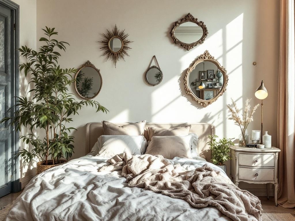 Cozy French country bedroom featuring vintage mirrors, soft linens, and natural accessories.