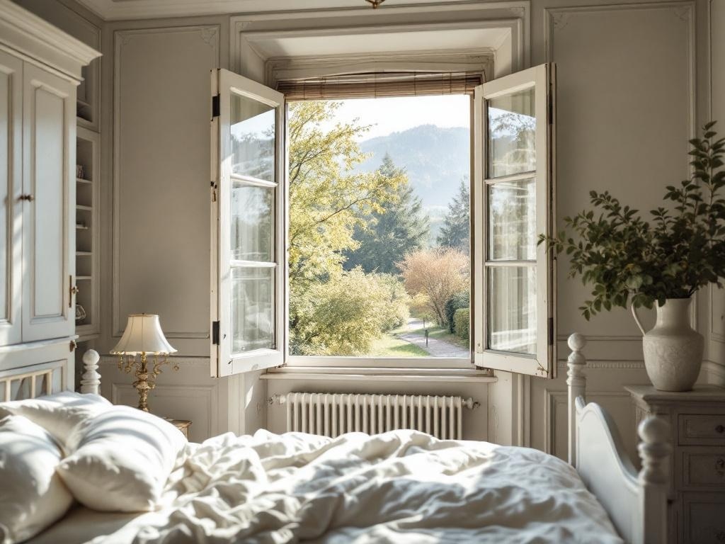 A cozy bedroom with classic French shutters open, revealing a scenic view outside.