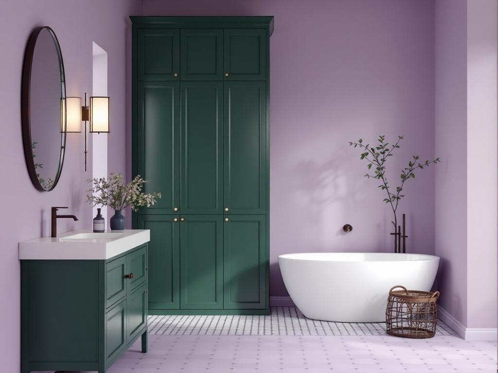 A stylish bathroom featuring lavender walls and forest green cabinetry, with a modern round mirror and elegant lighting.