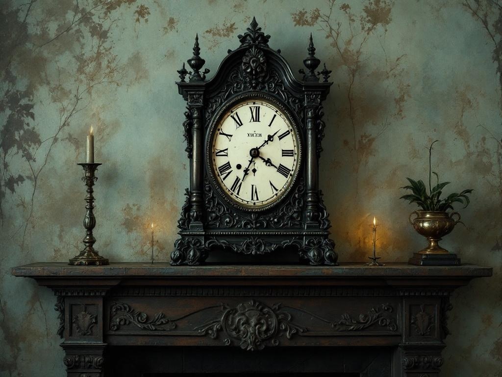 A vintage clock on a mantelpiece with candles and a plant, set against a textured wall.