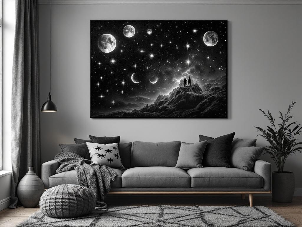 A cozy living room featuring celestial-themed wall art with moons and stars, a grey sofa, and a knitted pouf.