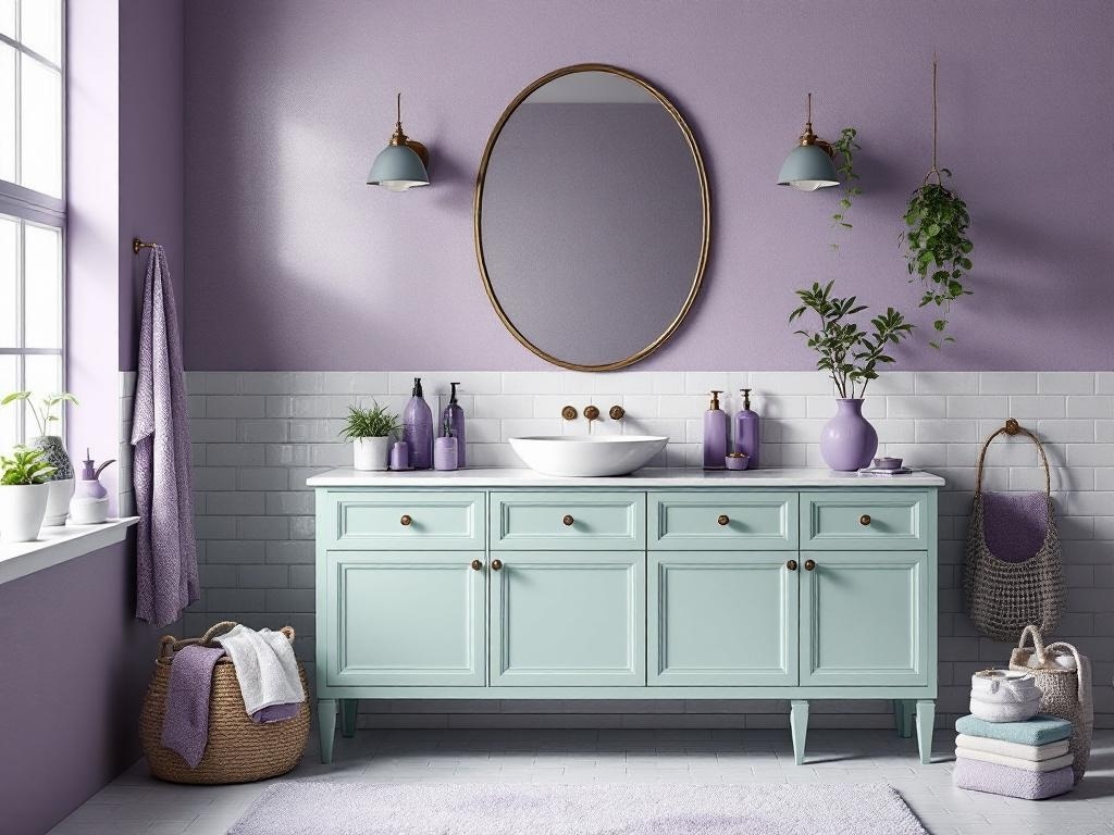 A mint green vanity with purple accessories in a stylish bathroom.