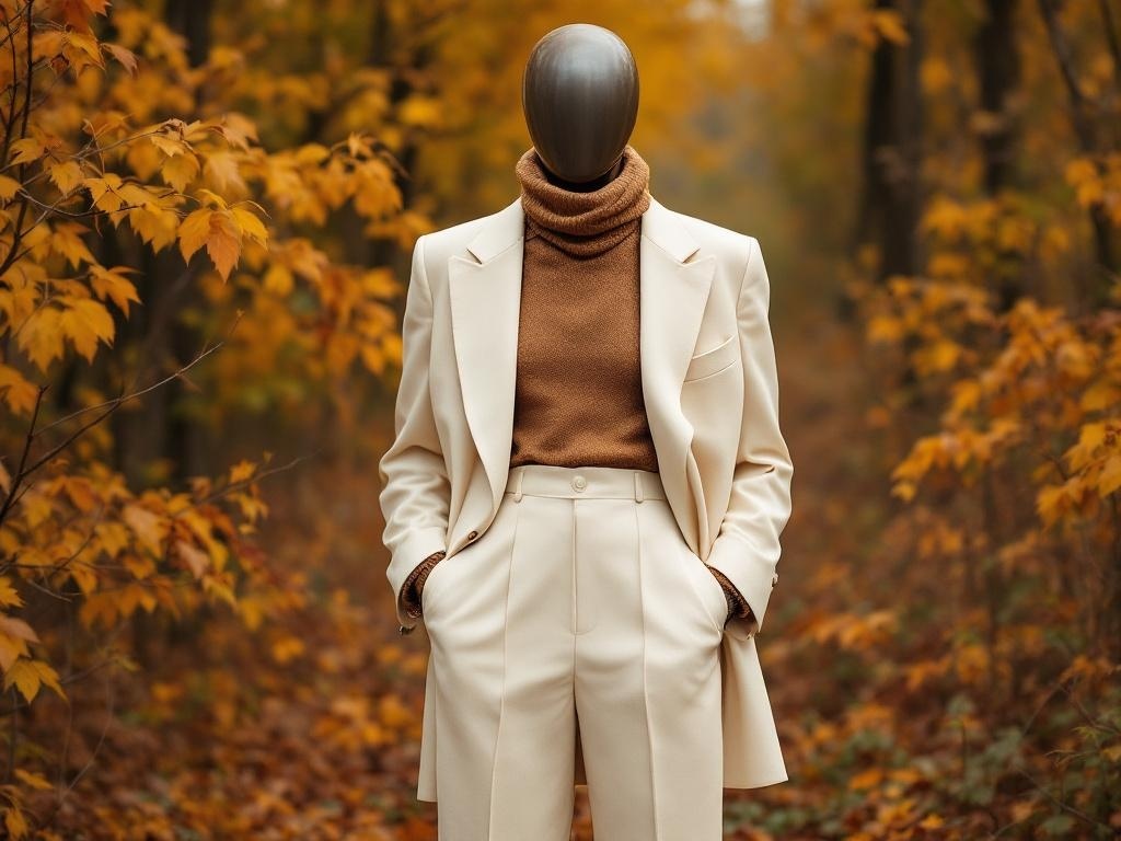 A mannequin wearing an ivory suit with a brown turtleneck in a fall setting surrounded by orange and yellow leaves.