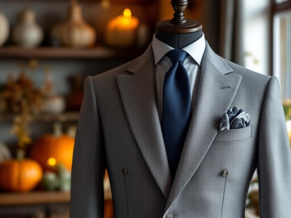 Textured gray suit with a navy tie and pocket square, displayed against a backdrop of autumn decor.