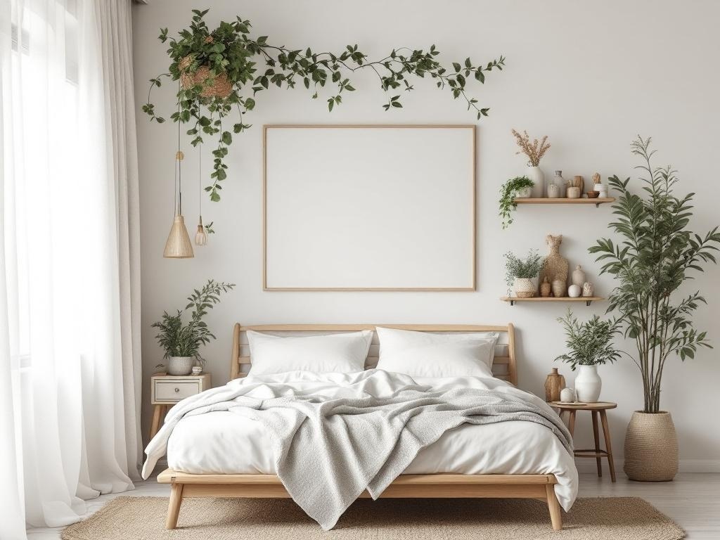 A cozy bedroom with a wooden bed, soft bedding, hanging plants, and decorative shelves.