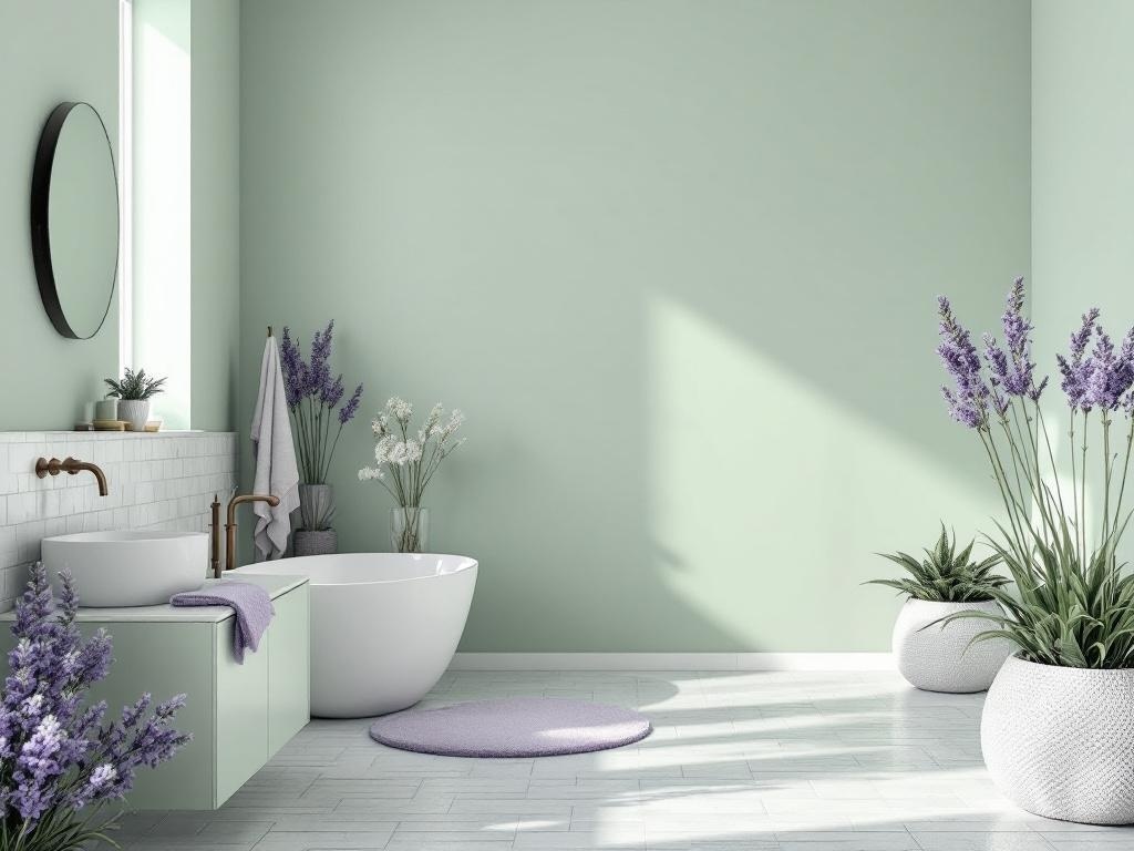 A pastel green bathroom with lavender accents, featuring a round bathtub, modern fixtures, and potted plants.