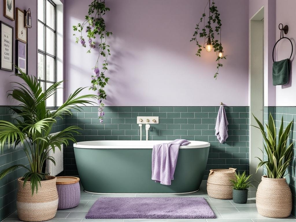 A bathroom featuring forest green tiles and lilac walls, with a freestanding bathtub and plants.