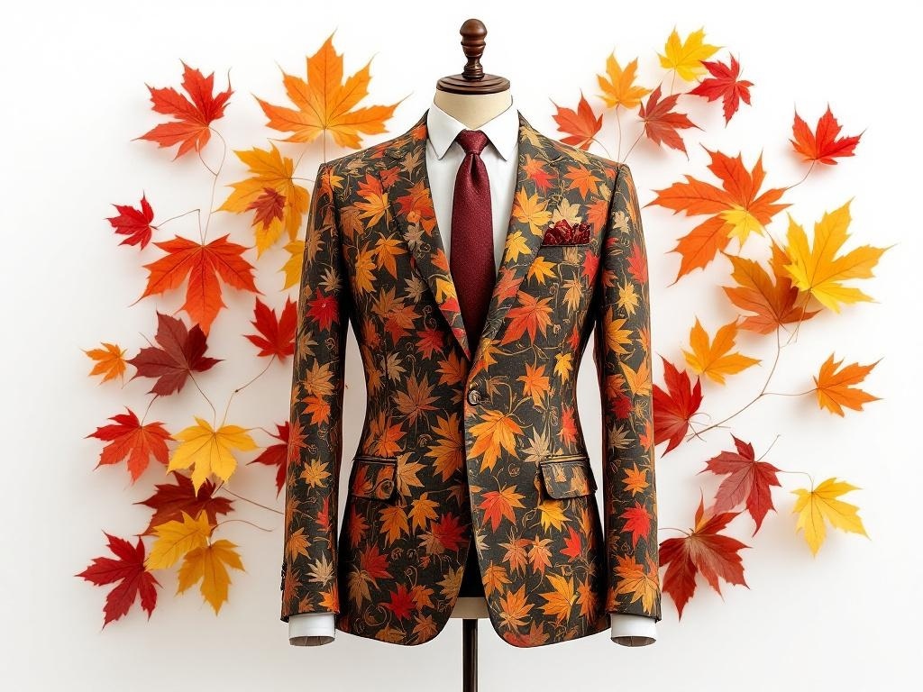 A stylish patterned suit with fall hues displayed against a backdrop of autumn leaves.