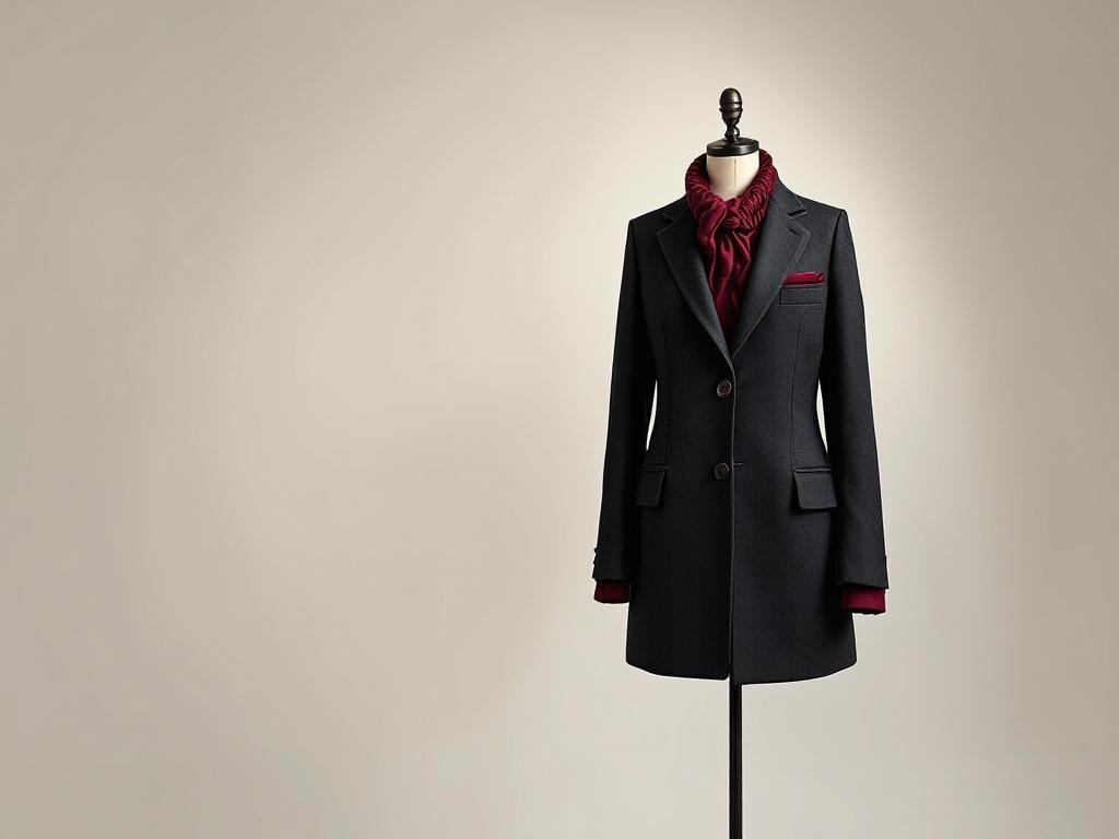 A charcoal suit displayed on a mannequin, featuring burgundy accessories like a scarf and pocket square.