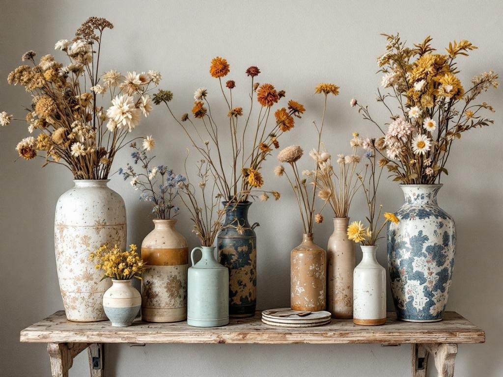 A collection of dried flowers in various thrifted vases on a wooden shelf.
