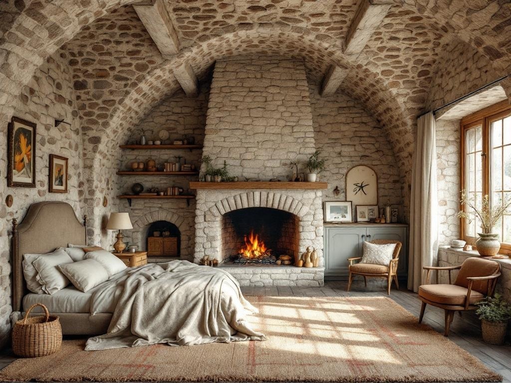 A cozy bedroom featuring rustic stone walls, a fireplace, and wooden beams, creating a warm and inviting atmosphere.