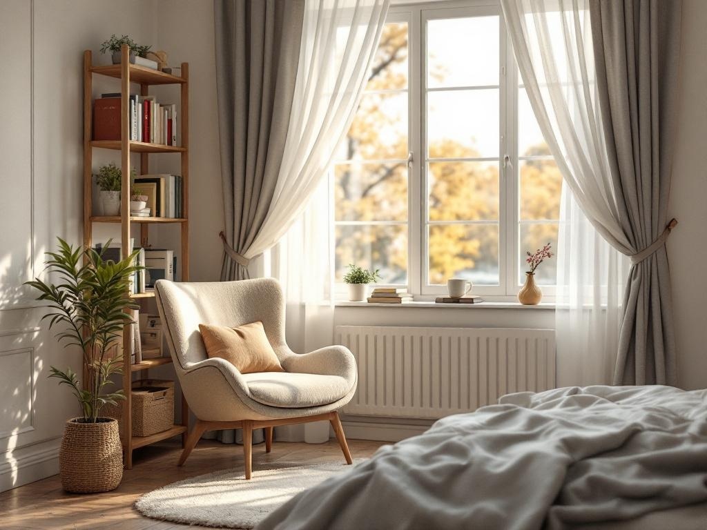 Cozy reading nook with an armchair, bookshelf, and window view