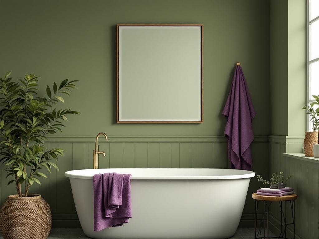 A stylish bathroom featuring olive green walls, a white freestanding bathtub, and amethyst towels.