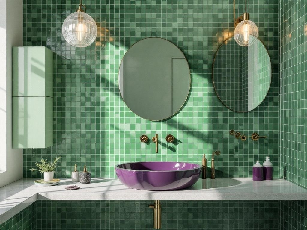 A bathroom with green mosaic tiles and a deep purple basin, featuring round mirrors and gold fixtures.