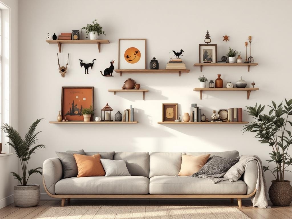 A cozy living room featuring whimsical wall shelves filled with vintage decor, plants, and books.