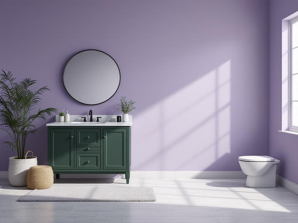 Bathroom with dark green cabinets and light purple walls