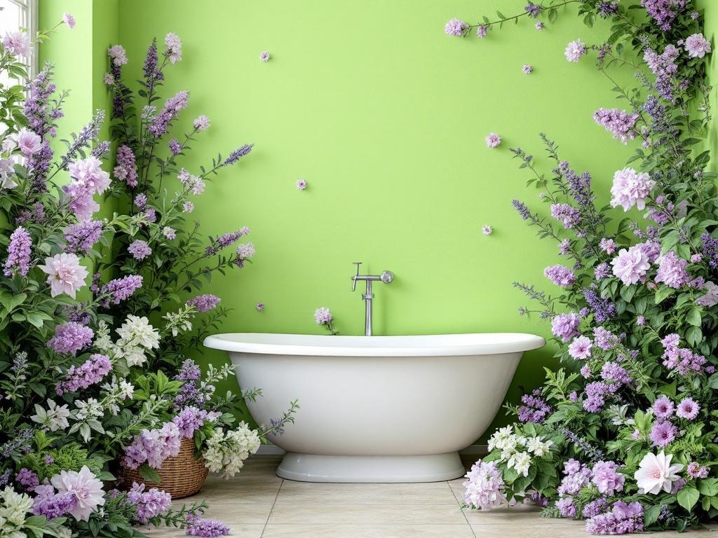 A bright green bathroom with lavender floral motifs surrounding a white bathtub.