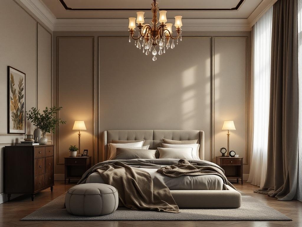 A beautifully designed French country bedroom featuring an elegant chandelier and soft lighting.
