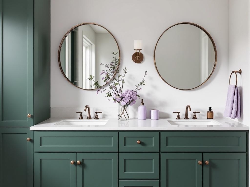 A bathroom featuring rich green cabinets and light purple decor, with round mirrors and a clean countertop.