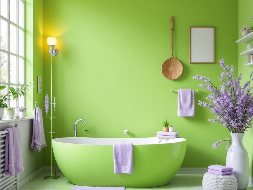 A vibrant lime green bathroom featuring a unique green bathtub, lavender towels, and decorative flowers.