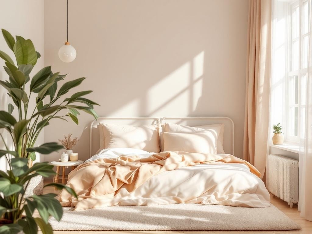 A pastel-themed bedroom featuring light peach bedding, curtains, and a plant.