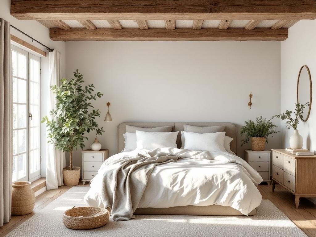 A cozy bedroom featuring rustic wooden beams, soft linens, and natural light.