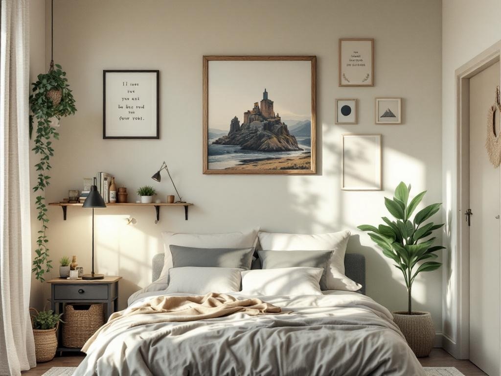 Cozy French country bedroom with personalized artwork displays, including a landscape painting and framed quotes.