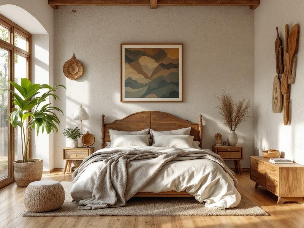 A cozy French country bedroom with handcrafted wooden furniture, featuring a wooden bed, nightstands, and a warm color palette.