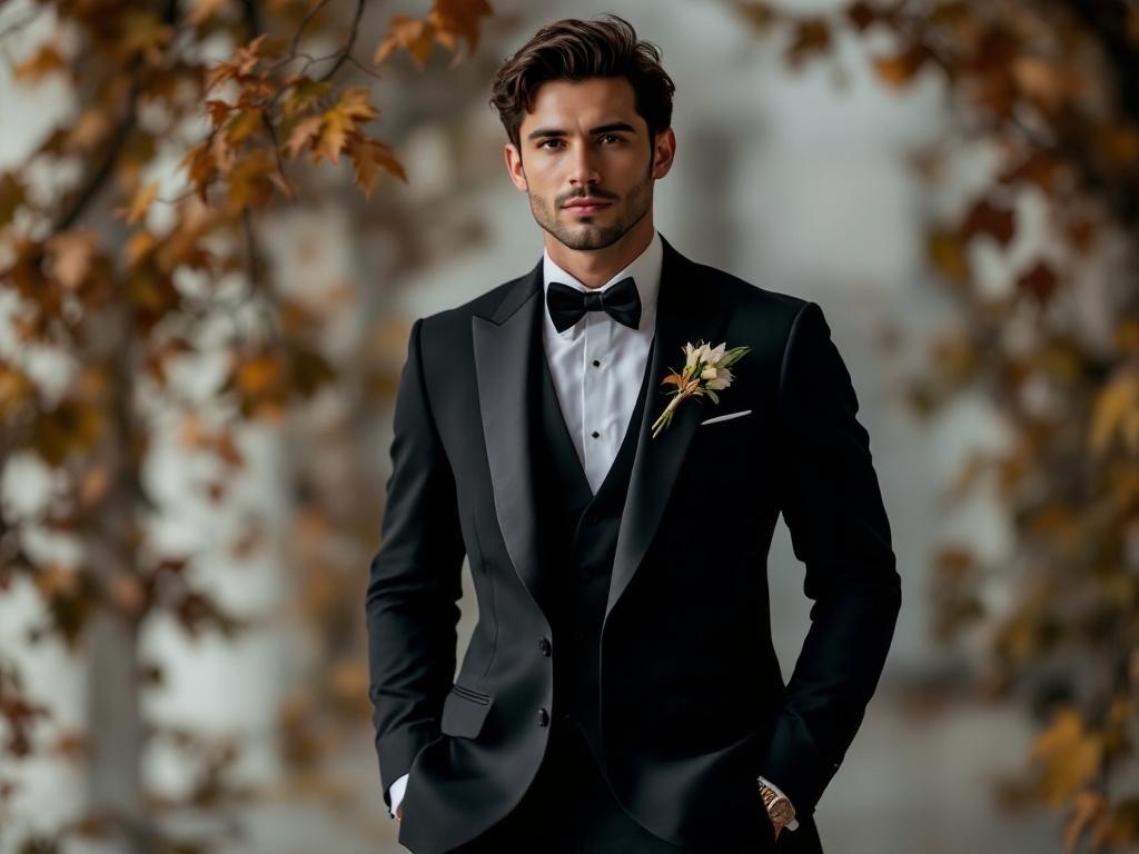 A man in a classic black suit with a bow tie and boutonnière, standing among autumn leaves.