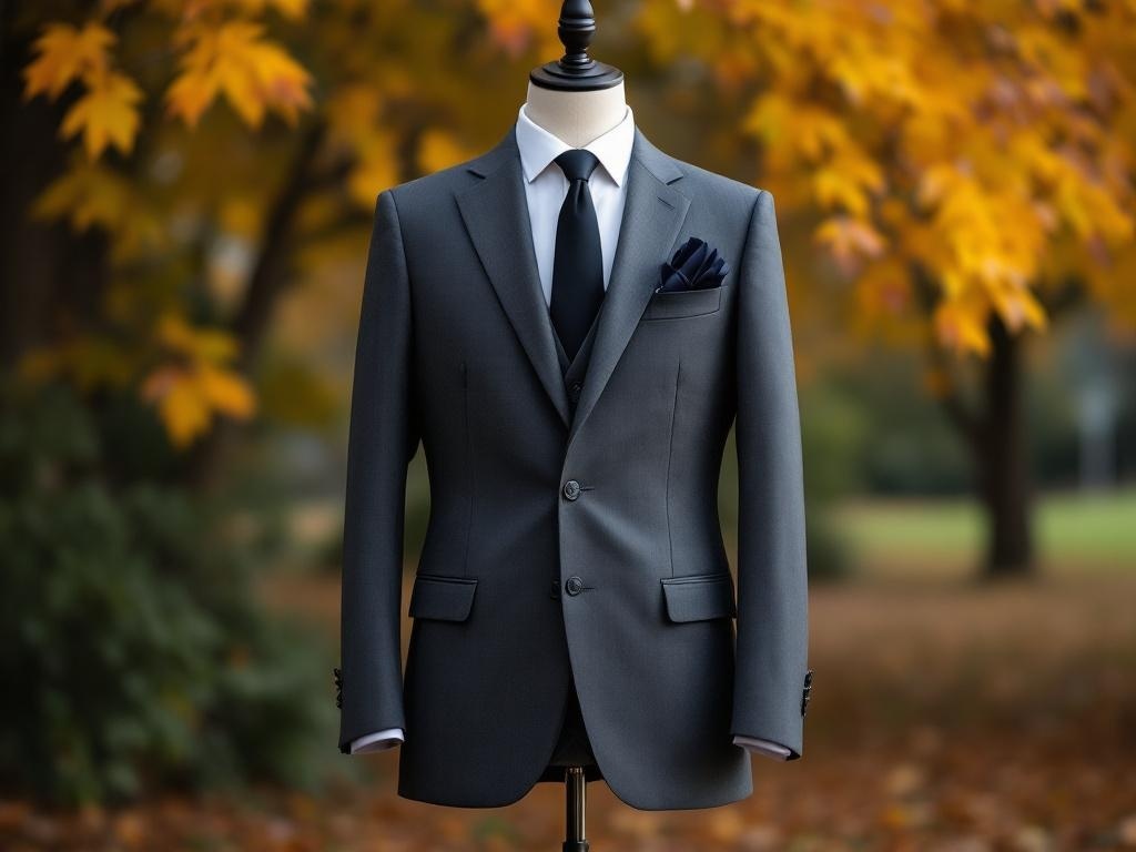 A classic charcoal gray suit displayed on a mannequin with autumn leaves in the background.