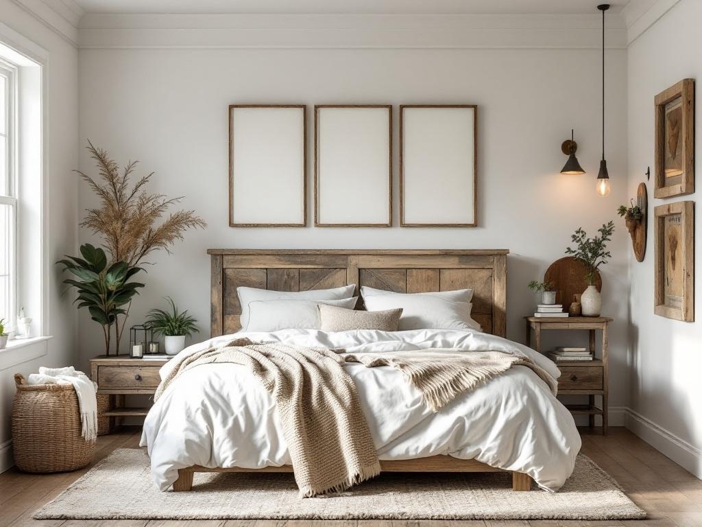 A cozy rustic farmhouse bedroom featuring a wooden bed frame, white bedding, plants, and warm lighting.